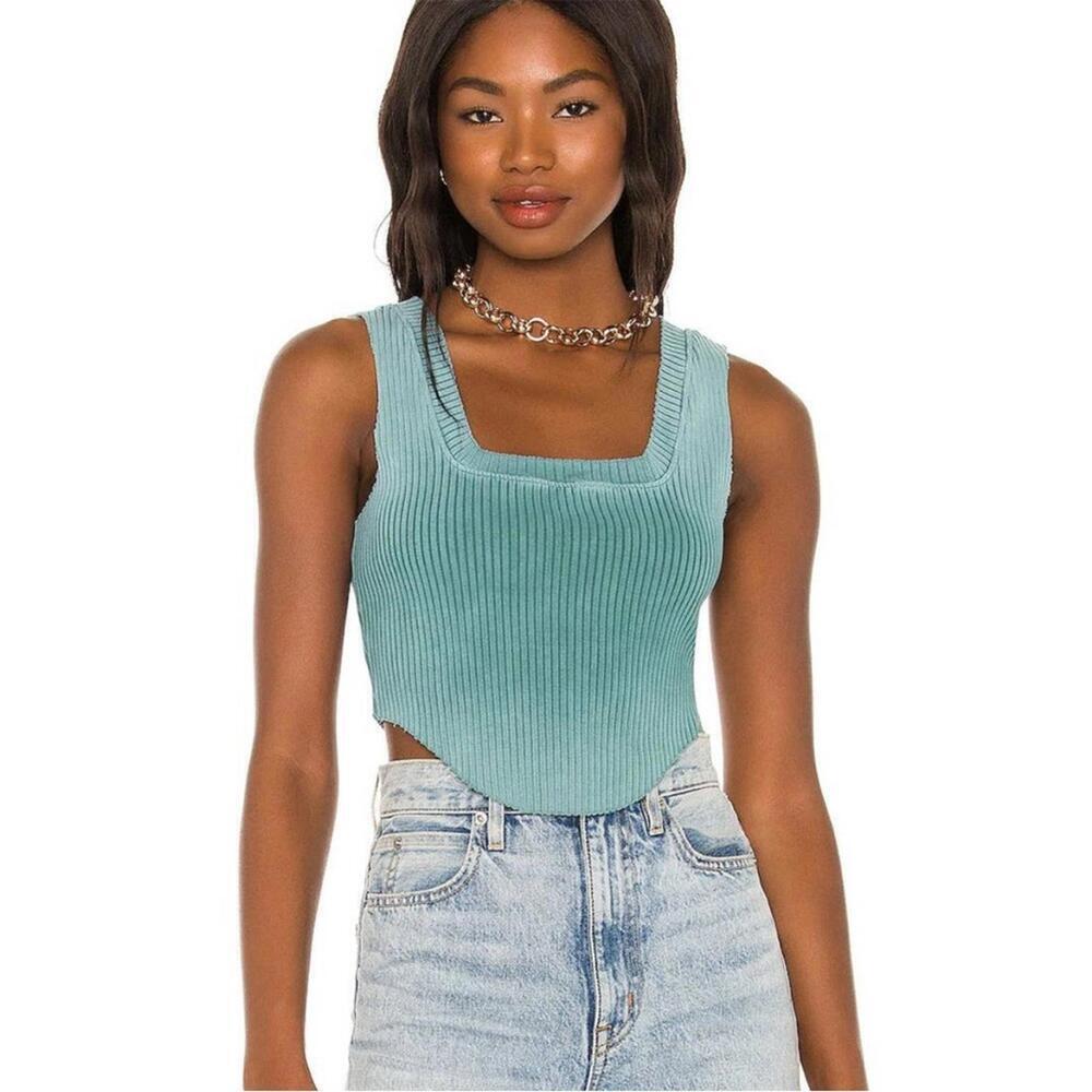 Cotton Citizen Ibiza Square Neck Rib Tank Top in Vintage Teal Large $115